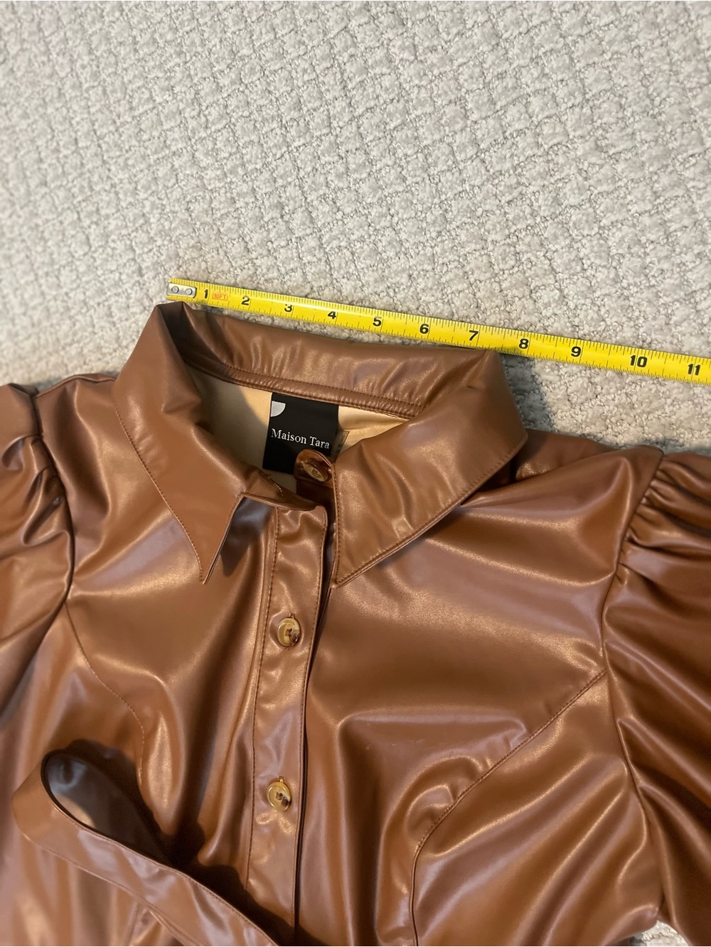 Maison Tara Cognac Faux Leather Puff-Sleeve Button-Front Mini Dress - Picture 9 of 16